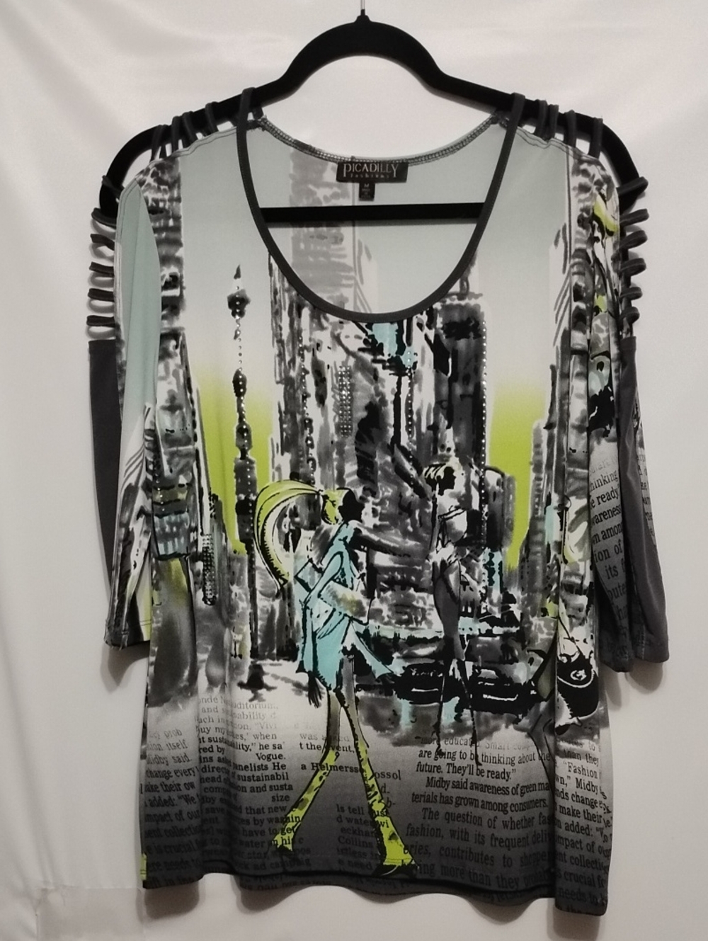 Vintage Piccadilly Women's M Scoop Neck Graphic Cold-Shoulder Top in Mint/Gray